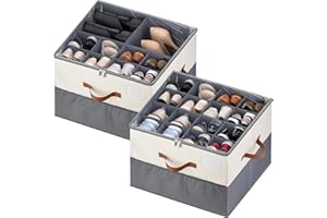 MSTONAL Shoe Organizer for Closet, 2 Pack Shoe Storage Containers with Adjustable Dividers, Space Saving Shoe Box Organizers Bins with Clear Lids & 4 Handles, Fits 16-32 Pairs, Beige & Grey