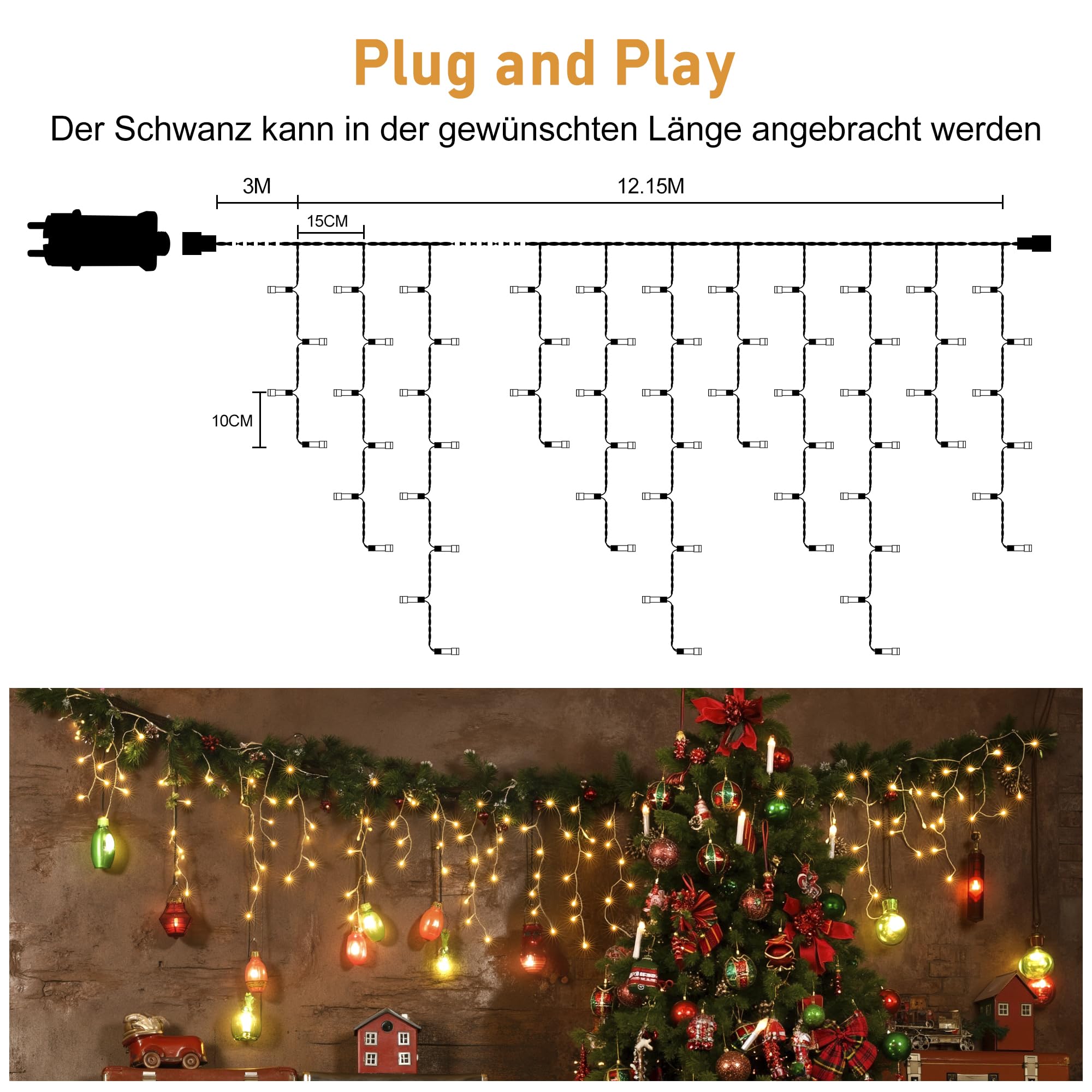 HeiPard Eisregen Lichterkette Außen 12m 486 LED Weihnachtsbeleuchtung Außen mit Stecker, 8 Leuchtmodi, Fernbedienung, Timer, Wasserdicht Lichtervorhang Aussen für Dachrinne, Geländer, Vorbau, Fenster 9