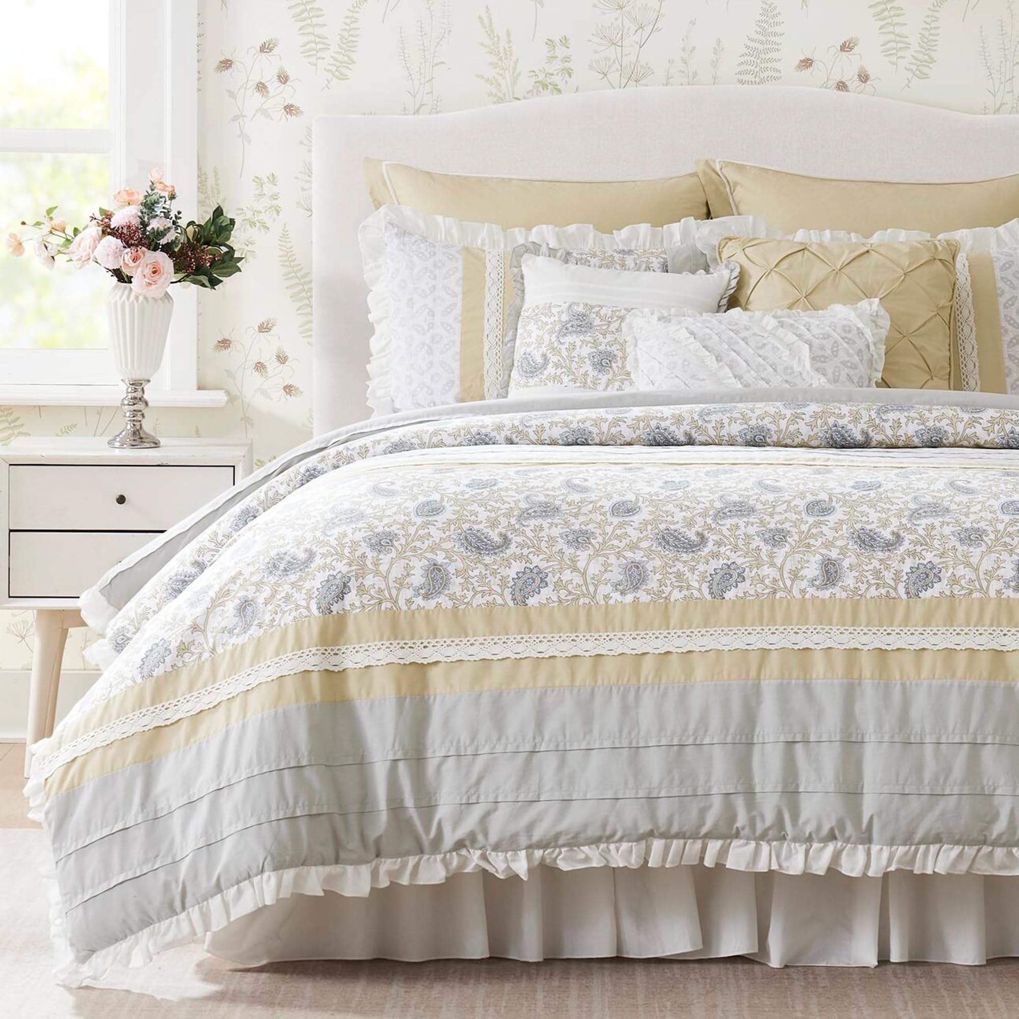 Madison Park Dawn 100% Cotton Shabby Chic Comforter Set-Modern Cottage Design All Season Down Alternative Bedding, Matching Shams, Bedskirt, Decorative Pillows, Queen(90"x90"),, Yellow 9 Piece Image