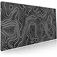 Topographic Map Large Mouse Pad XXL Black Lines Contour Geographic Extended Large Desk Mat Big Desk Pad 90X40 CM Non-Slip Rubber Base Stitched Edge Long Mousepad,15.7" x 35.4"