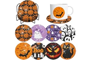 DEMONWER 8 Pieces Halloween Diamond Art Coasters with Holder DIY Halloween Diamond Dot Coasters 5d Full Drill Diamond Coasters for Adults Halloween Diamond Painting Kits Supplies for Gift