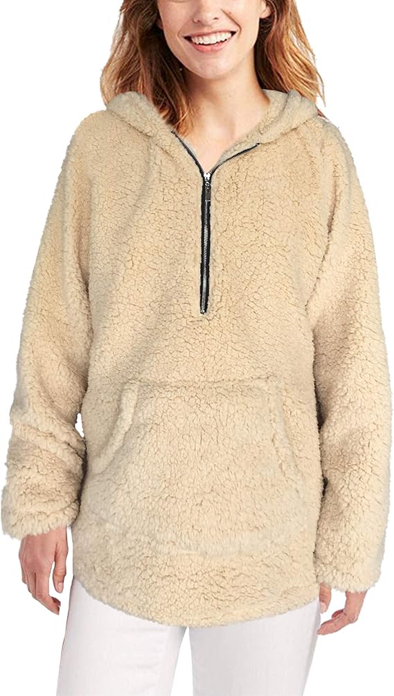 THOUSMOON Women Sherpa Hoodie Quarter Zip Fuzzy Fleece Pullover Jacket Sweatshirt Oversized with 
