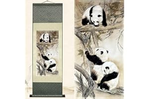 Newscz Asian Wall Art for Living Room Oriental Chinoiserie Decor Vertical Mural Silk Scrollwork National Treasure Panda Art Poster Ready to Hanger Wall Scroll 36 by 12 in