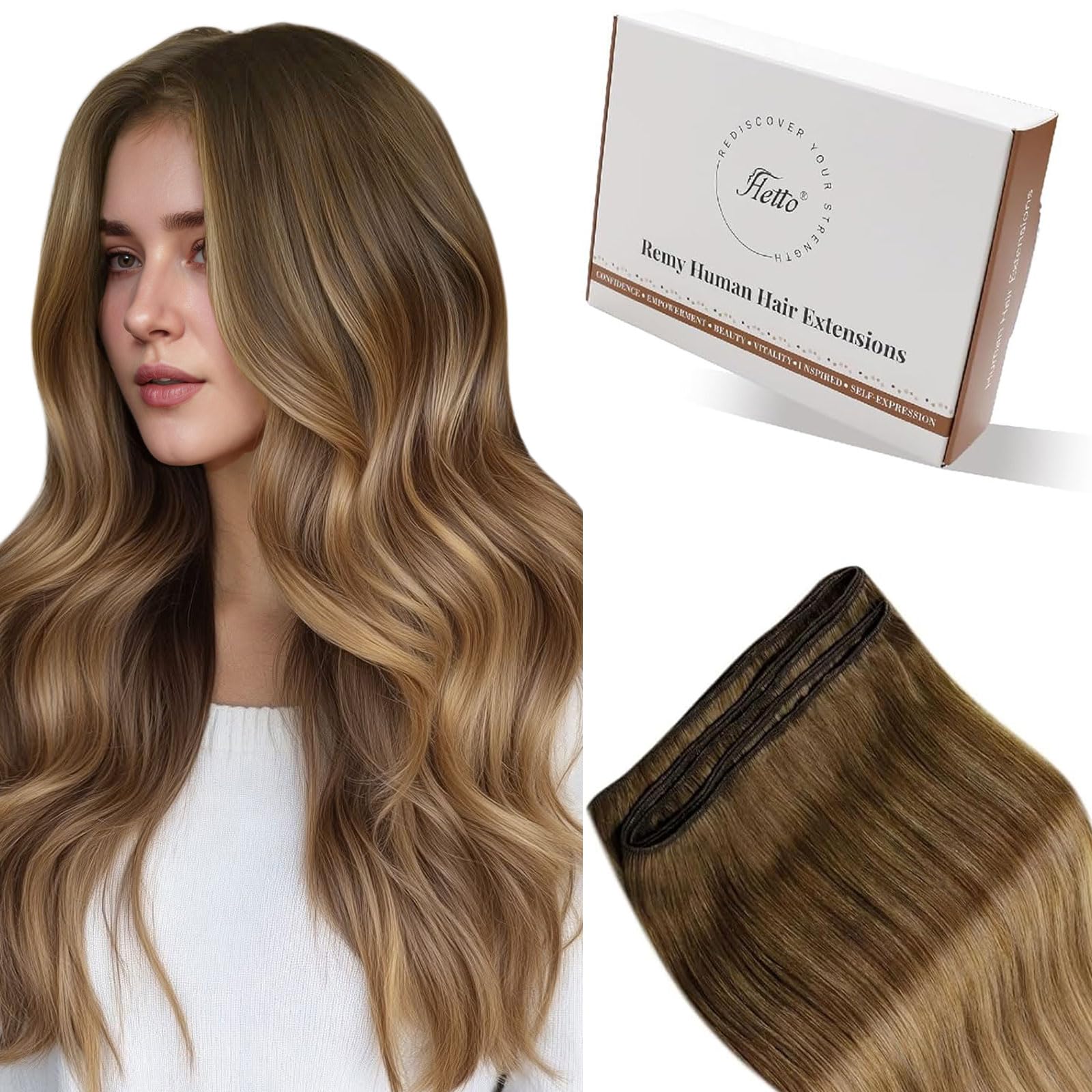 Hetto Weft Hair Extensions Real Human Hair Balayage Brown - Full Head Hand Tied Sew in Hair Extensions Brown Ombre, Perfect for Adding Volume to Short Hair 12 Inch 70g/Pack #6/8/14 — image 1