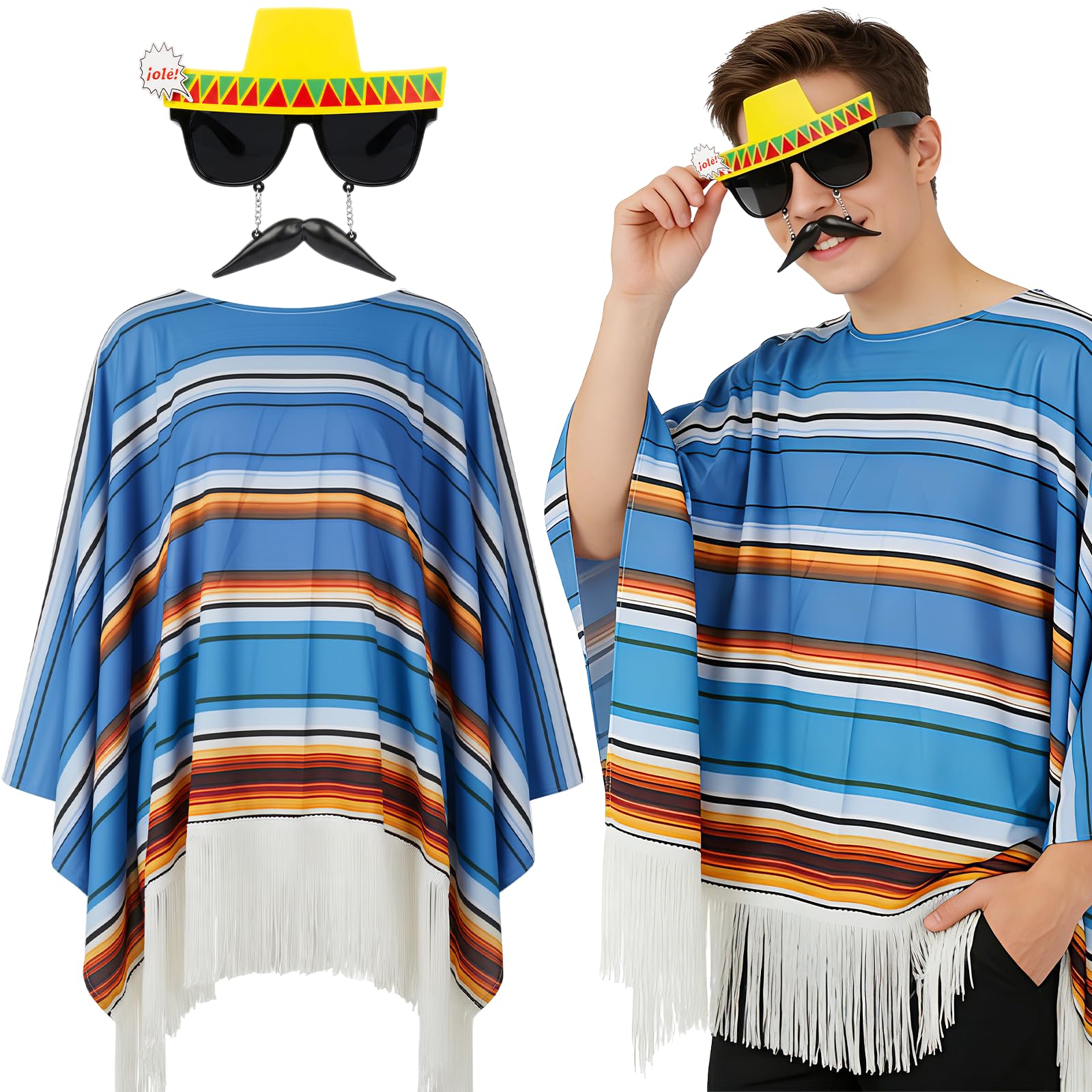 Kyndara 3Pcs Mexican Costume Set for Adults, Mexican Fancy Dress Kit with Striped Poncho Novelty Glasses Handheld Props for Men Halloween Carnival Theme Parties
