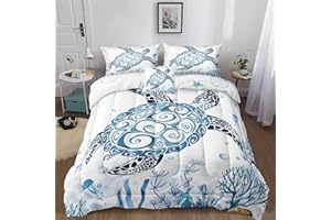 Bedbay Sea Turtle Comforter Set Coastal Bedding Set Turtle Printed 4 Pcs Beach Bedding Quilt Set Coral Blue Underwater World Duvet Set Girls Teen Sealife Ocean Comforter Bedroom Decor(Coral,Queen)