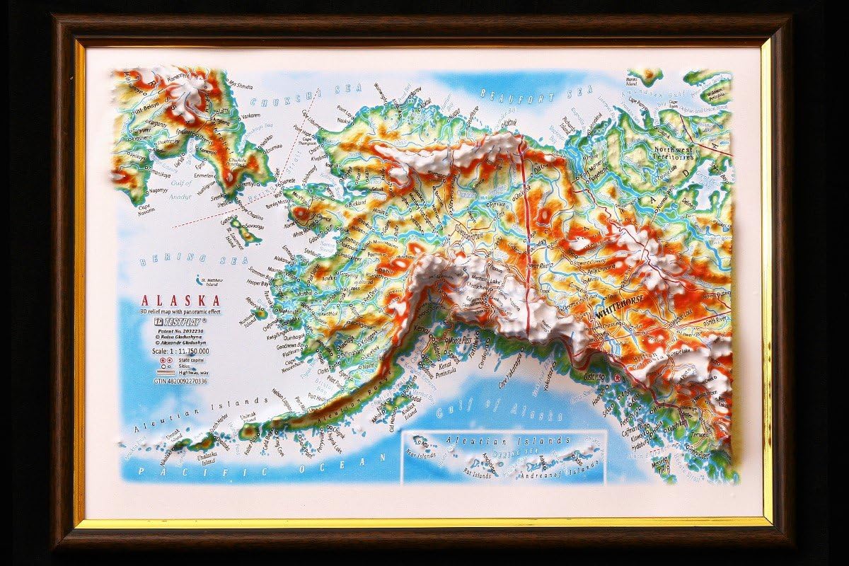 3D Raised Relief Framed Map of Alaska - 12 x 9 by TestPlay