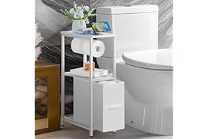 Bathroom Floor Storage Cabinet White Toilet Paper Holder Stand with Fabric Drawer & Open Storage Shelves Slim Toilet Paper St