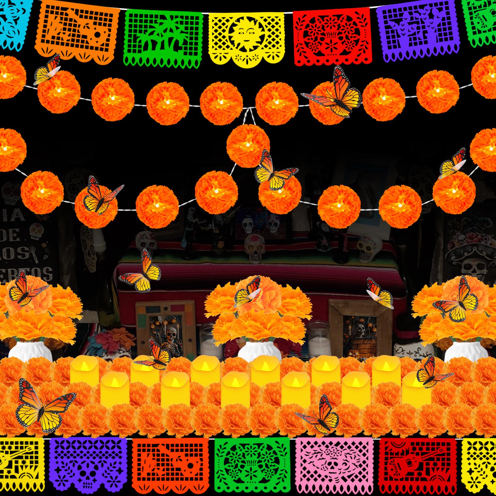 Photo 1 of 106Pcs Day of The Dead Decorations Set,18Mexican Party Banners Papel Picado, 2Lighted Marigold Garlands, 50 Marigold Flowers, 12Flameless Candles, 24Butterfly for Dia De Los Muertos Diwali Altar Decor