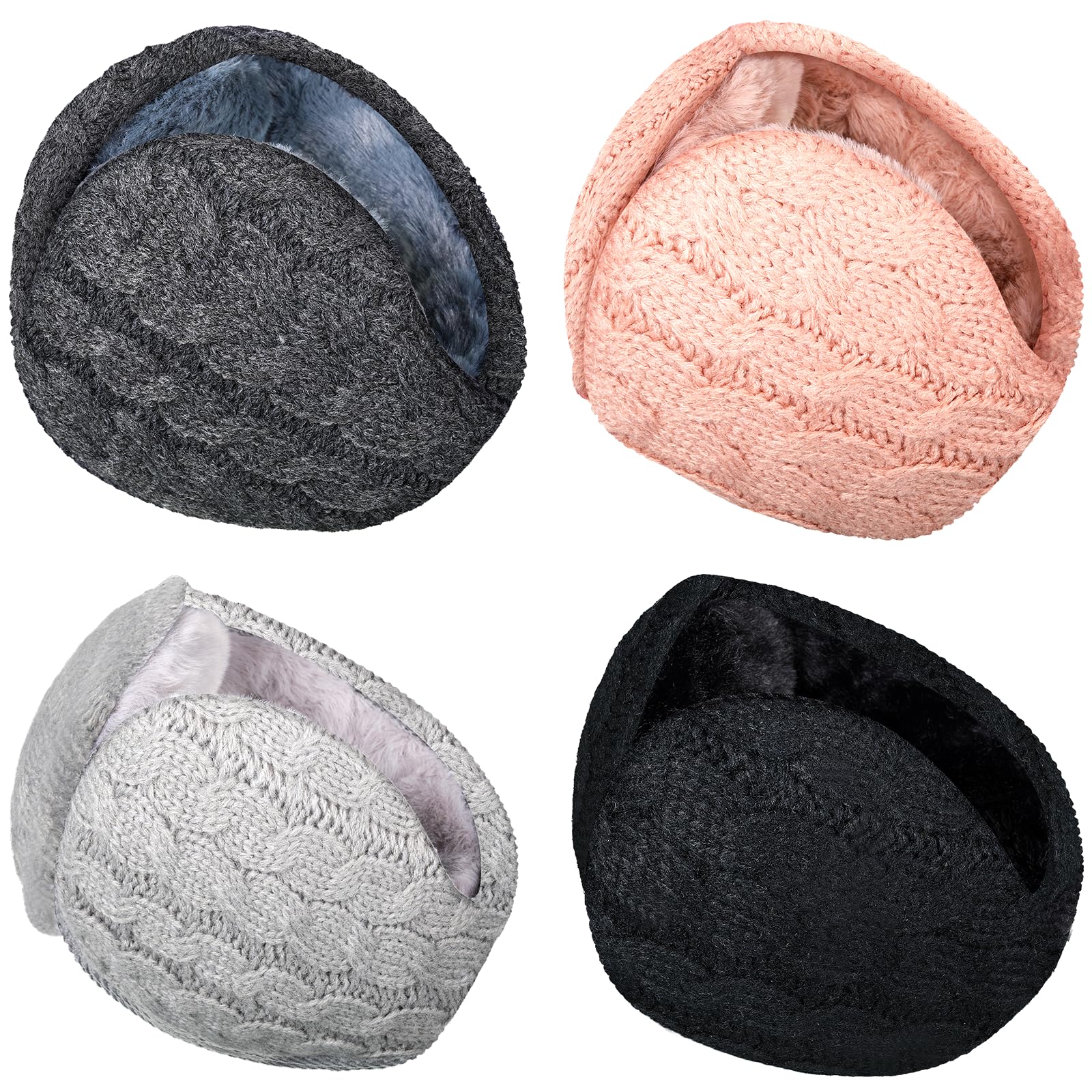 Photo 1 of *ONLY 3* Ficerd 4 Pieces Unisex Knit Earmuffs Furry Fleece Winter Ear Muffs Warm Foldable Ear Covers Soft Ear Warmer for Women Men (Black, Gray, Dark Gray and Pink)