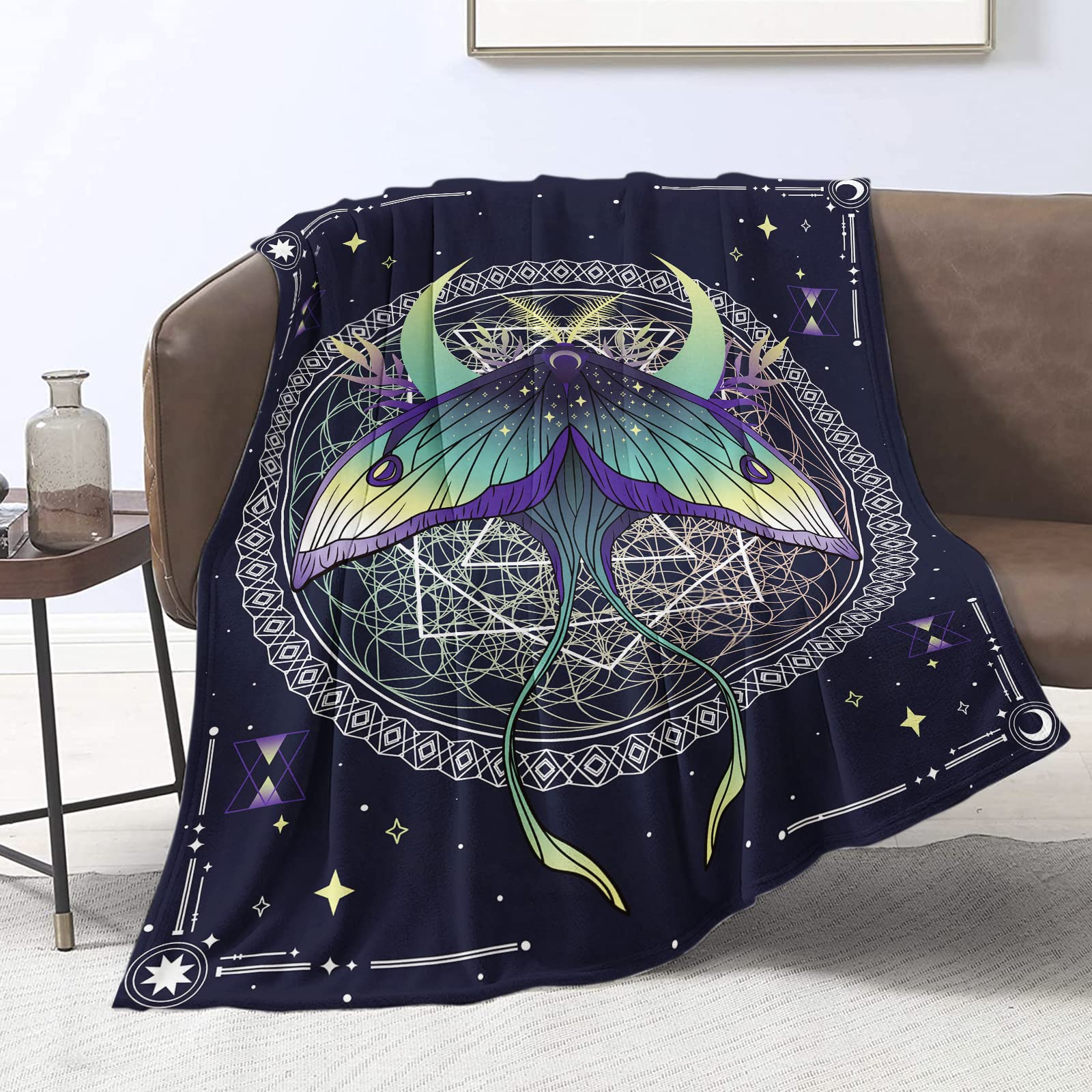 Domgoge Moth Plush Blanket Witchy Moon Phase and Stars Purple Butterfly Flannel Throw Blankets for Adults Kids Fantasy Zodiac Galaxy Boho Fuzzy Sofa Couch Chair, 130cm x 152cm, Moth-navy