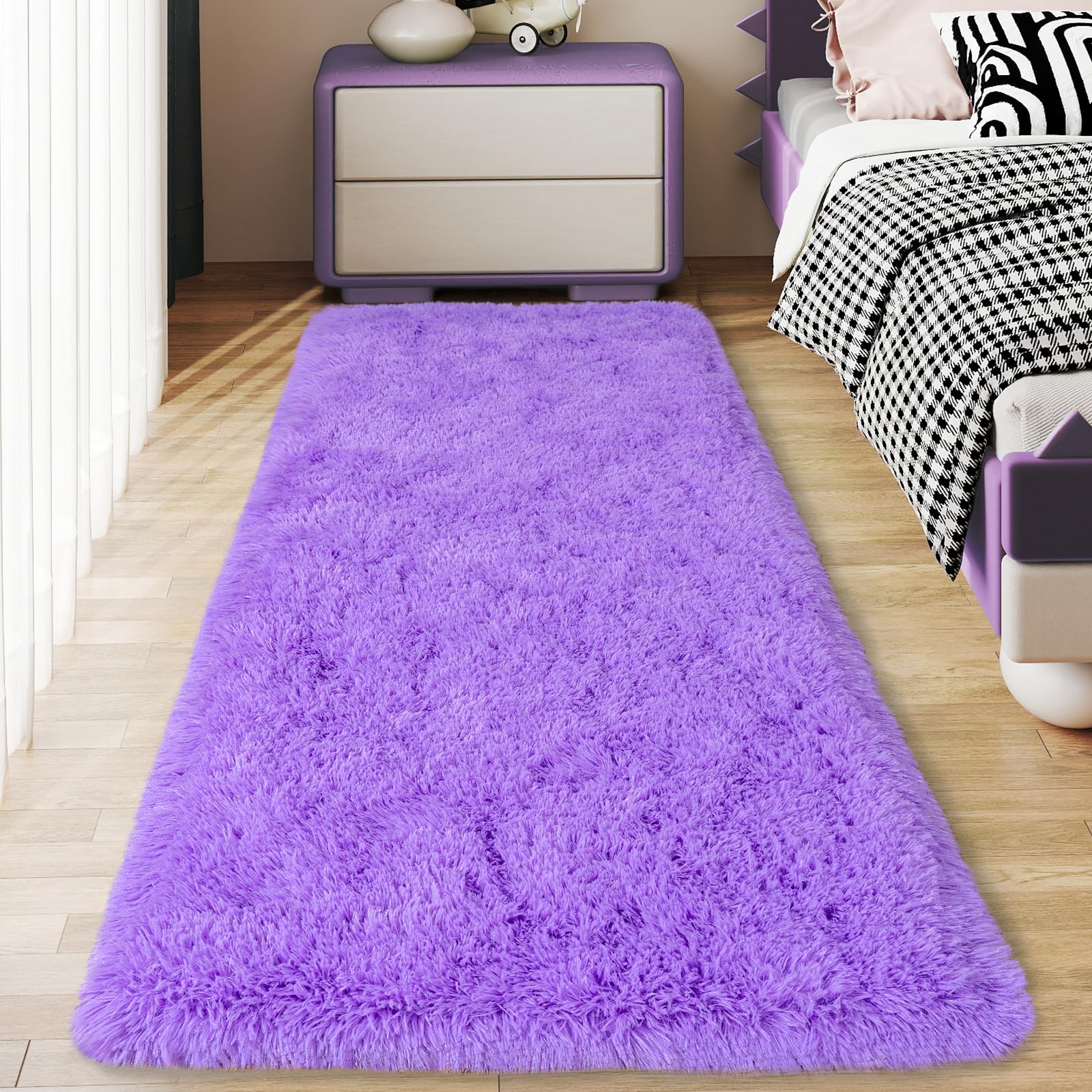 Ailyei Ultra Soft Runner Rugs for Bedroom Hallways with Upgraded Non-Slip Rubber Backing & Thick Memory Sponge, 2x6 Feet Fluffy Shag Throw Area Rug for Bedside Dorm Light Purple