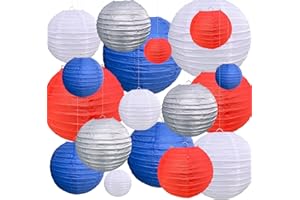 PheiLa 18 Pcs Paper Lantern Set Red White Blue Silver Hanging Party Decorations for 4th of July Independence Day Veterans Day Birthday Wedding Graduation Party Decoration