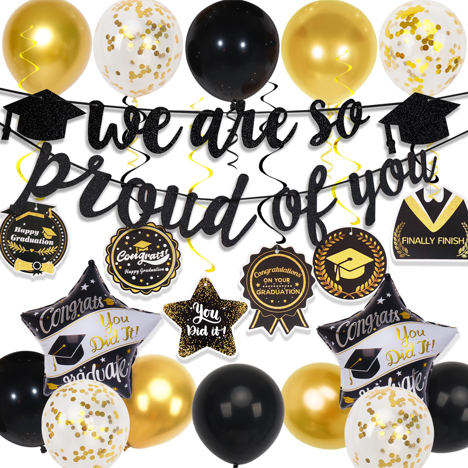 Graduation Decorations Class of 2026, Black and Gold Balloons, We Are So Proud of You Banner and Hanging Swirls, Graduation Party Cards, for Party Decorations