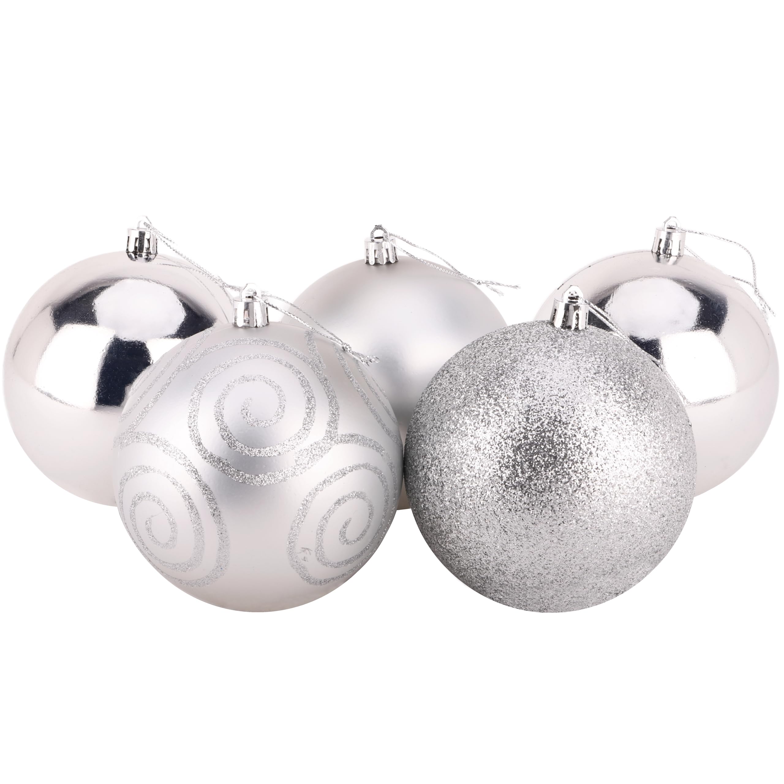 Christmas Concepts® Pack of 5-100mm (4") Large Baubles - Shiny, Matte & Glitter Design - Christmas Decorations (Silver)
