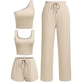 Ekouaer Womens 4 Piece Lounge Sets Ribbed Knit Crop Tank Top and Shorts Pants Casual Outfits