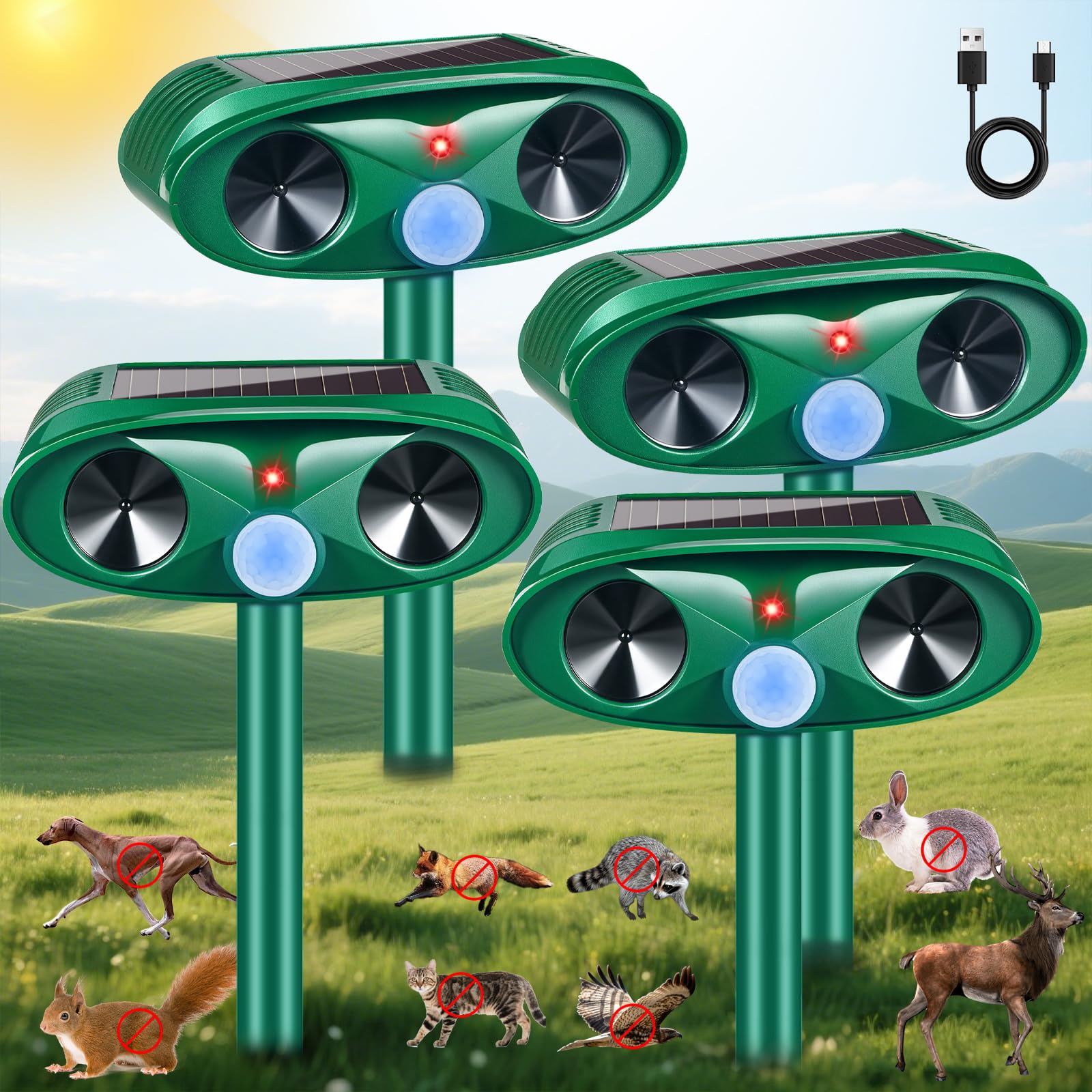 Photo 1 of 2025 Upgraded Solar Ultrasonic Animal Repeller Outdoor Cat Repellent Deer Repellent Devices with USB Charge, Animal Deterrent Device for Rabbit Raccoon Dog Squirrel Rodent Skunk for Yard Garden,4 Pcs