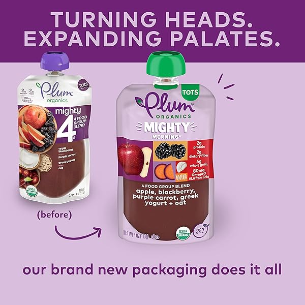 PLUM ORGANICS MIGHTY MORNING ORGANIC TODDLER FOOD – APPLE, BLACKBERRY, PURPLE CARROT, GREEK YOGURT, AND OAT – 4 OZ POUCH – ORGANIC FRUIT AND VEGETABLE TODDLER FOOD POUCH