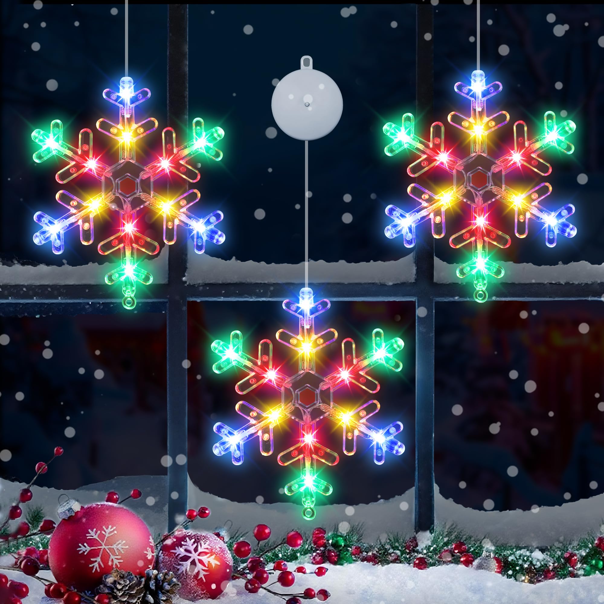 Photo 1 of [Timer] Christmas Window Decorations, 3 PCS Snowflake Christmas Window Lights with Suction Cup, Battery Operated Snowflake Lights Xmas Decorations Indoor Outdoor Fireplace Home Party Decor-Multicolor
