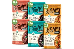 BeanVIVO - Variety 6 Pack (10 oz each) - Organic Baja Black Beans, Three Bean Vegan Chili, BBQ Pinto Beans - Seasoned & Ready to Eat, Plant Protein, Vegan, Gluten Free, Microwaveable, Instant Meals