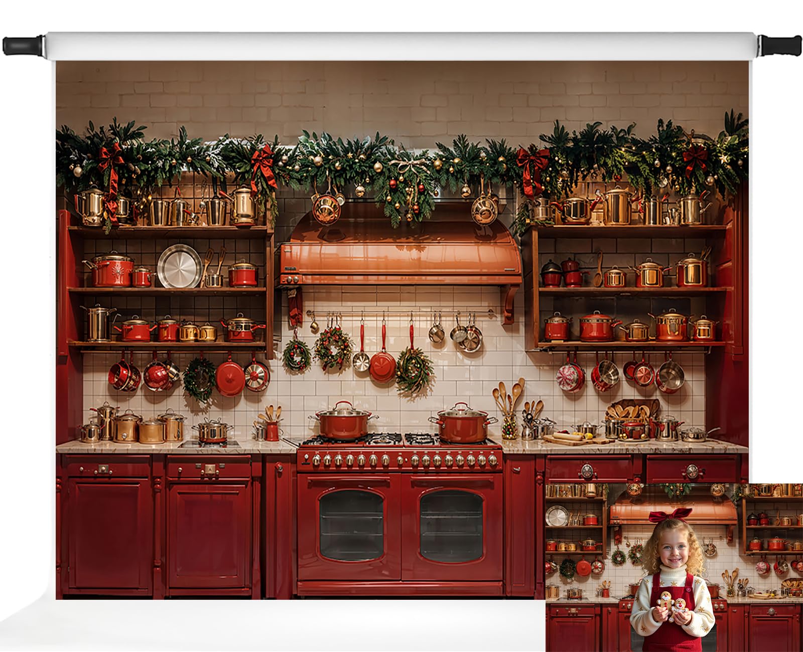 Photo 1 of Kate Christmas Kitchen Backdrop Red Retro Xmas Festival Holiday Backdrops Photo Studio Props, 7x5ft