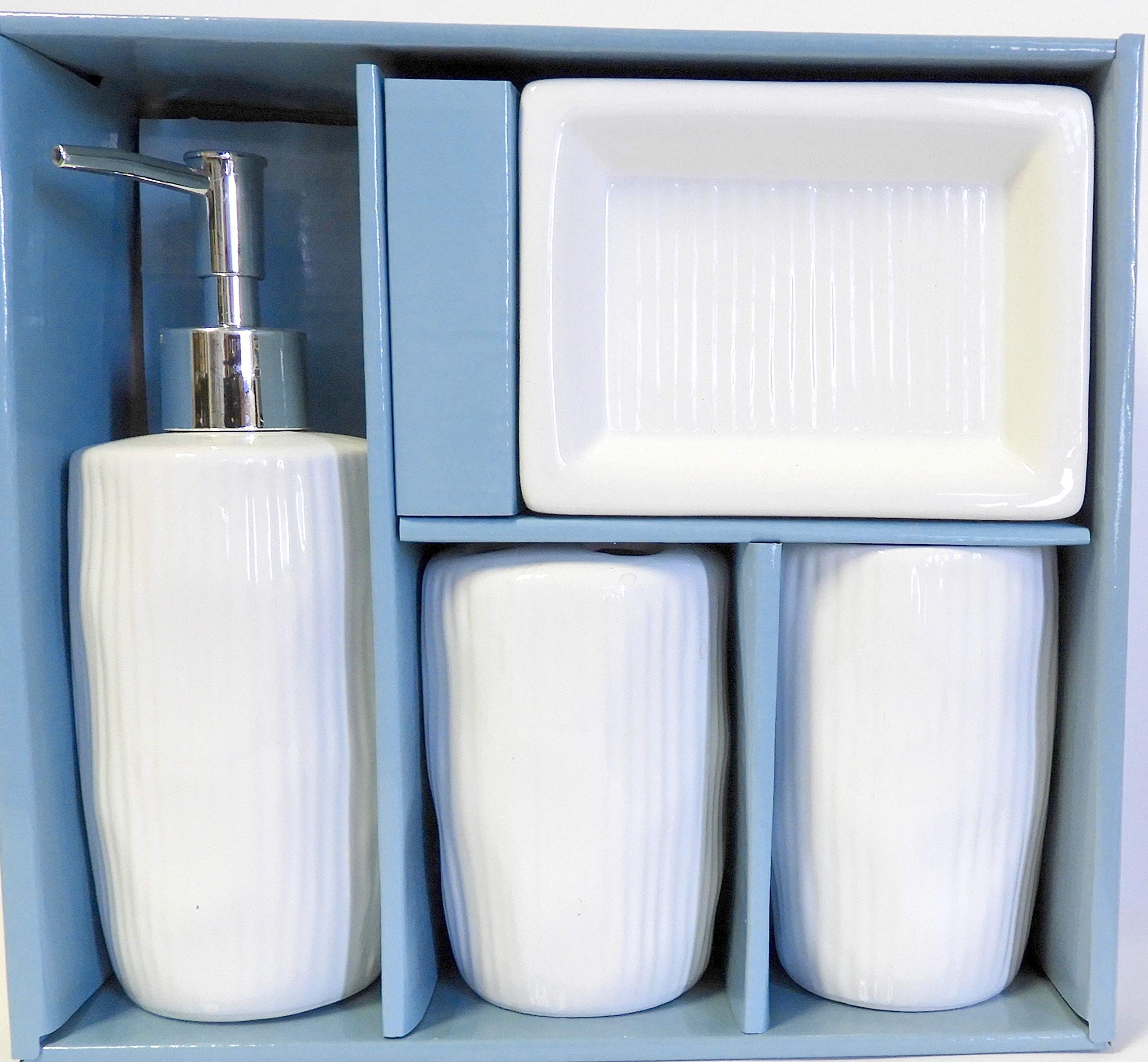 Designer 4-Piece Ceramic Bath Accessory Set | Includes Liquid Soap or Lotion Dispenser w/ Toothbrush Holder, Tumbler, Soap Dish