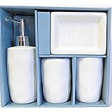 Designer 4-Piece Ceramic Bath Accessory Set | Includes Liquid Soap or Lotion Dispenser w/ Toothbrush Holder, Tumbler, Soap Dish