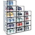 Hrrsaki Large 15 Pack Shoe Storage Boxes, Shoe Organizer for Closet, Clear Stackable Sneaker Storage, Foldable Shoe Storage Boxes with Lids, Shoe Organizer Boxes for Entryway, Bedroom, Black