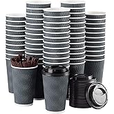Disposable Coffee Cups with Lids and Straws - 16 oz (90 Set) Togo Hot Paper Coffee Cup with Lid To Go for Beverages Espresso Tea Insulated Reusable Cold Drinks Ripple Cups Protect Fingers From Heat