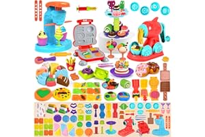 Aprilwolf 75 PCS 4 in 1 Dough Sets for Kids Ages 3-4-8, Art Crafts Dough Tools Kit, Ice Cream Playset Noodle Hamburger Maker Machine Dessert Rack, Kitchen Creations Food Play Toys Toddlers Boys Girls
