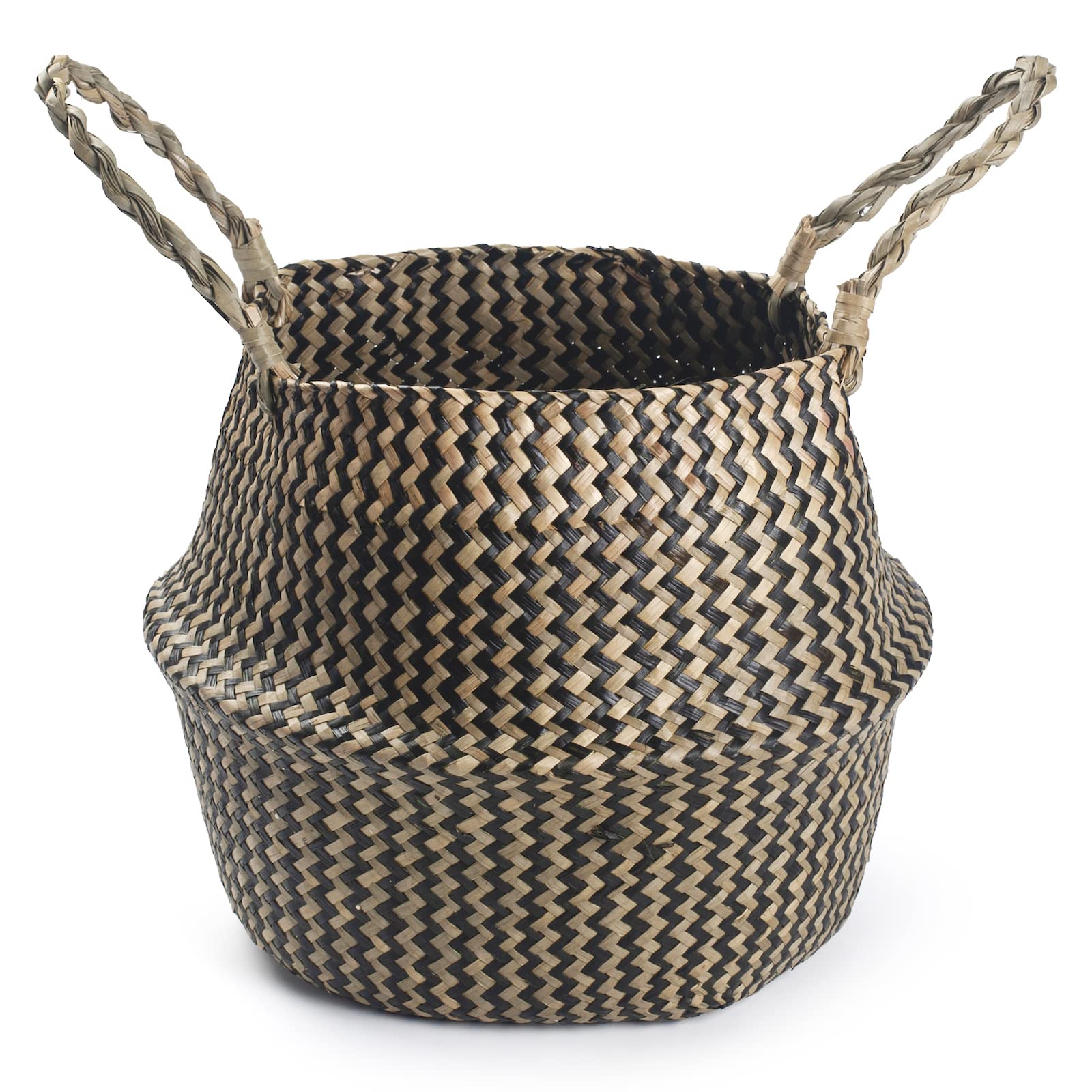 Seagrass Plant Pot Cover Woven Belly Basket Indoor with Handles for Laundry, Storage, Planters (Black Wave)