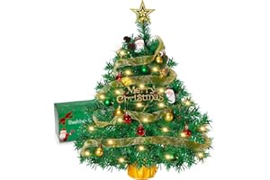 24 Inch Mini Christmas Tree with Lights, 2ft Small Christmas Tree with Stand, Artificial Xmas Pine Tree Decorated Gift with S