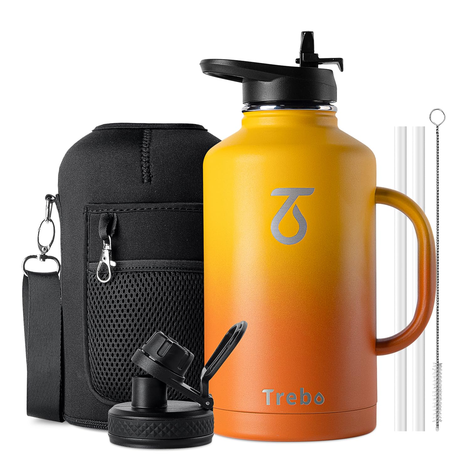 Trebo Insulated Water Bottle 2L, Stainless Steel Water Bottle 2L Metal Bottle 2L with Handle Metal Large Jug Travel Flask with Straw Spout Lid Mug Tumbler Cup with Carry Pouch Keep Cold Hot, Orange