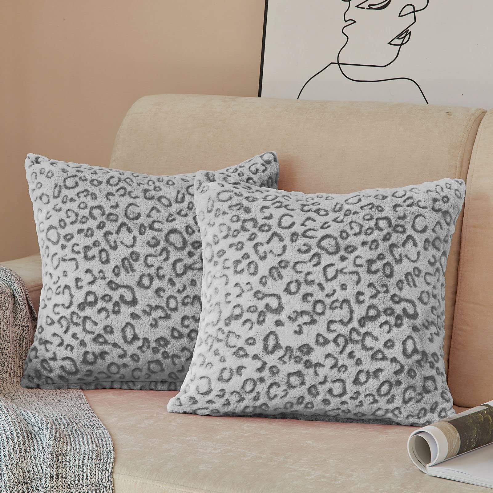Photo 1 of FY FIBER HOUSE Leopard Print Pillow Cover Flannel Fleece Throw Pillow Cases Covers for Couch Bed Sofa Set of 2, 20 x 20 Inch, Grey
