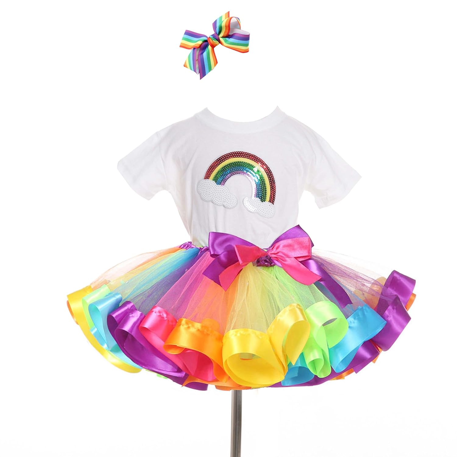 TRADERPLUS Rainbow T-Shirt Ballet Tutu Skirt Hair Bows Set Baby Girls