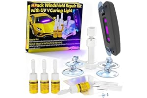 ZUPOOKO Windshield Repair Kit, Windshield Crack Repair Kit with Suction Cup Curing Light, 4 Pcs Car Glass Repair Kit Quick Fix for Chips & Cracks, Windshield Chip Repair Kit, Automotive Nano Fluid(Yellow)