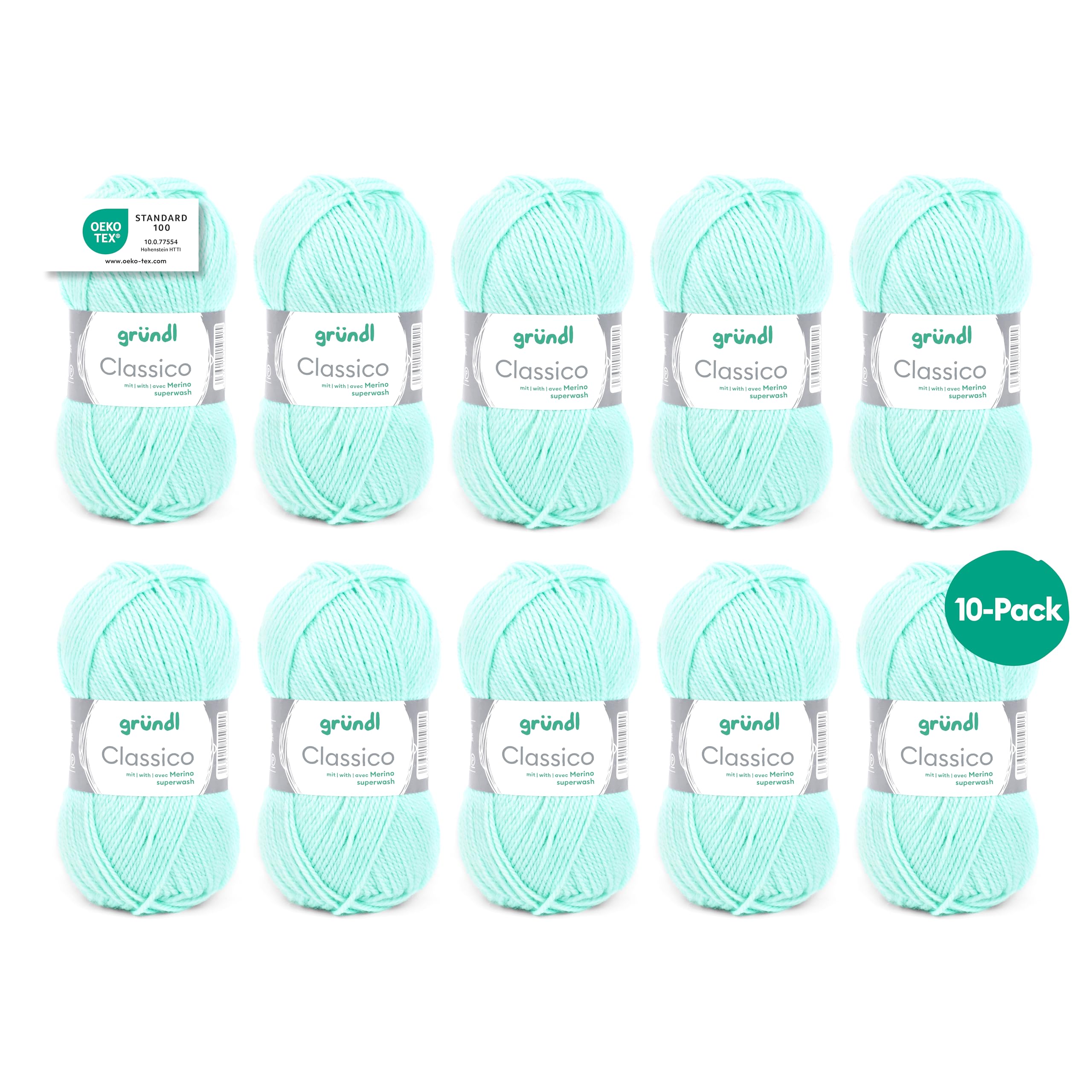 Gründl Classico Wolle (Oeko-TEX® Certified Knitting/Crochet Yarn Made of 50% Pure New Wool (Merino Superwash) & 50% polyacrylic, 50 g/120 m, Needle Size: 3.5-4.5, 10 Balls á 50 g), Mint