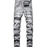 XIMXIMMTIAN Men's Biker Moto Washed Distressed Slim Fit Straight Jeans Denim