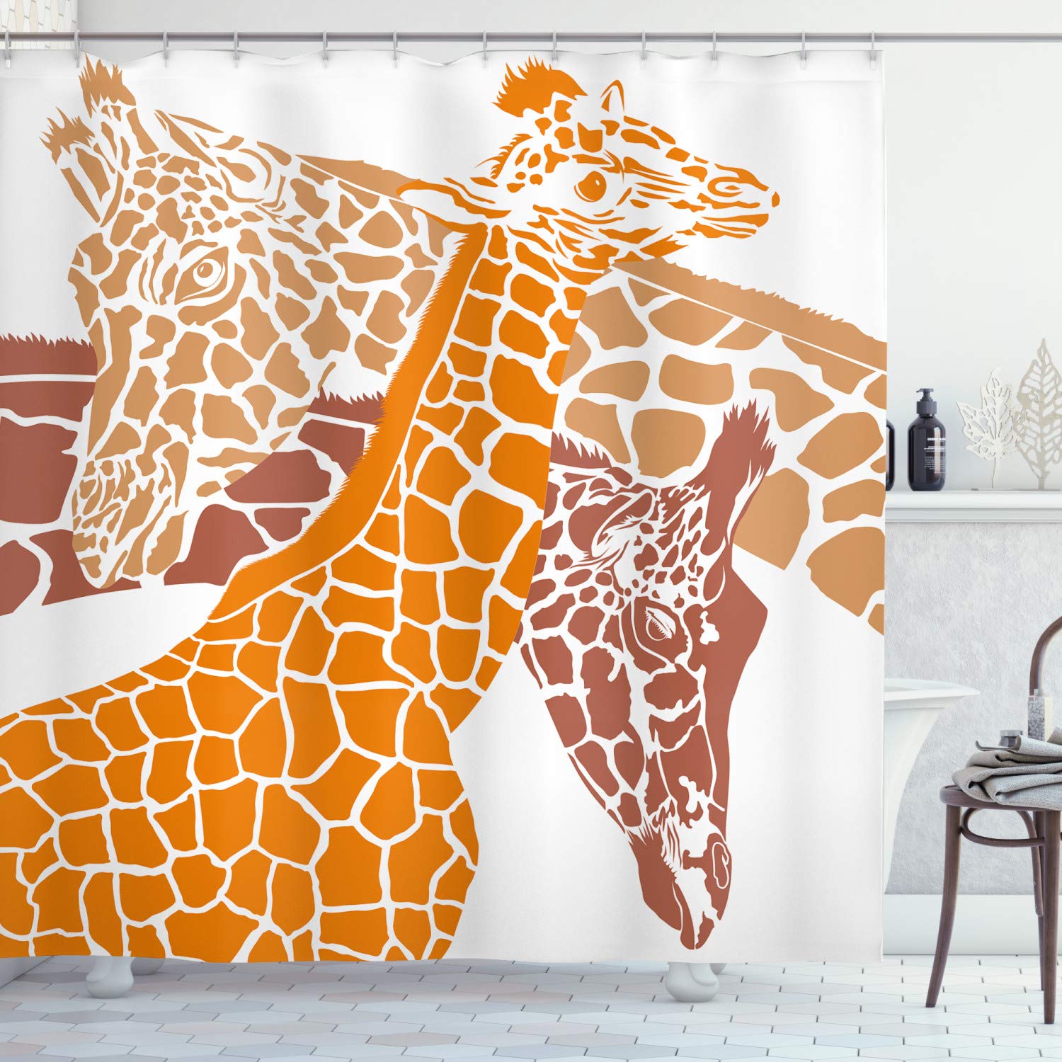 ABAKUHAUS Giraffe Shower Curtain, Sketch of a Family Safari Wildlife in Tall Animal Zoo Camouflage, Cloth Fabric Bathroom Decor Set with Hooks, 70 Inches, Orange White Brown