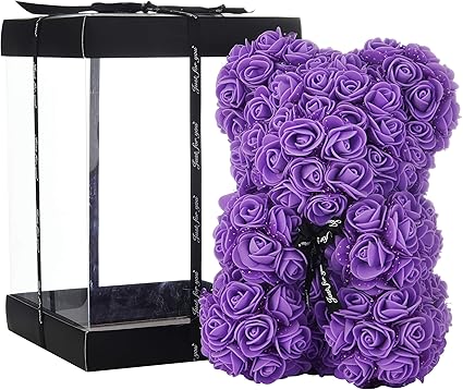 purple rose bear with box