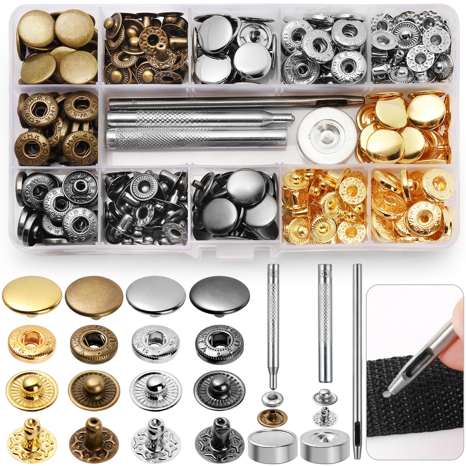 Ysimple 80 Sets Press Stud Kit, 4 Color 15mm Snap Fastener Kit with 4 Setting Tools, Snap Fasteners Press Studs for Wallet Craft, Jacket, Leather DIY Craft, Jeans, Canvas, Clothes Repair