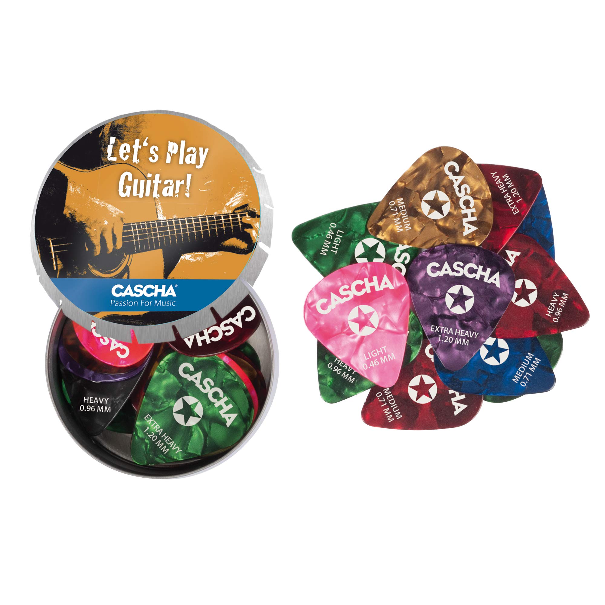 Cascha Guitar Pick Mix Set 4 Strengths I 24 Pieces High-Quality Picks Made of Robust & Grippy Celluloid - Includes Pick Box I Light - Medium - Heavy - Extra Heavy I Pick Colourful 24 Pieces