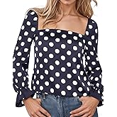 AIHUKOCY Women Polka Dot Lantern Long Sleeve Square Neck Peplum Tshirt Top Polka Dots Backless Fall Tee Shirt Tops
