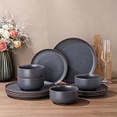 LERATIO Stoneware Dinnerware Sets for 4,12-Piece Plates and Bowls Set | Handmade Round Rim Ceramic Dish Set,Oven &amp; Microwave,Dishwasher Safe,Scratch Resistant