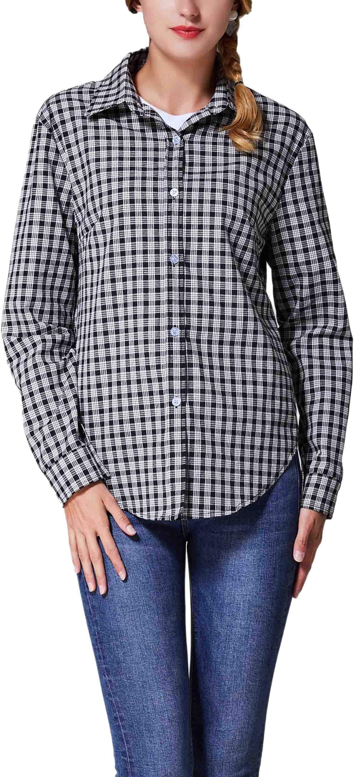 GUANYY Women's Long Sleeve Casual Loose Classic Plaid Button Down Shirt