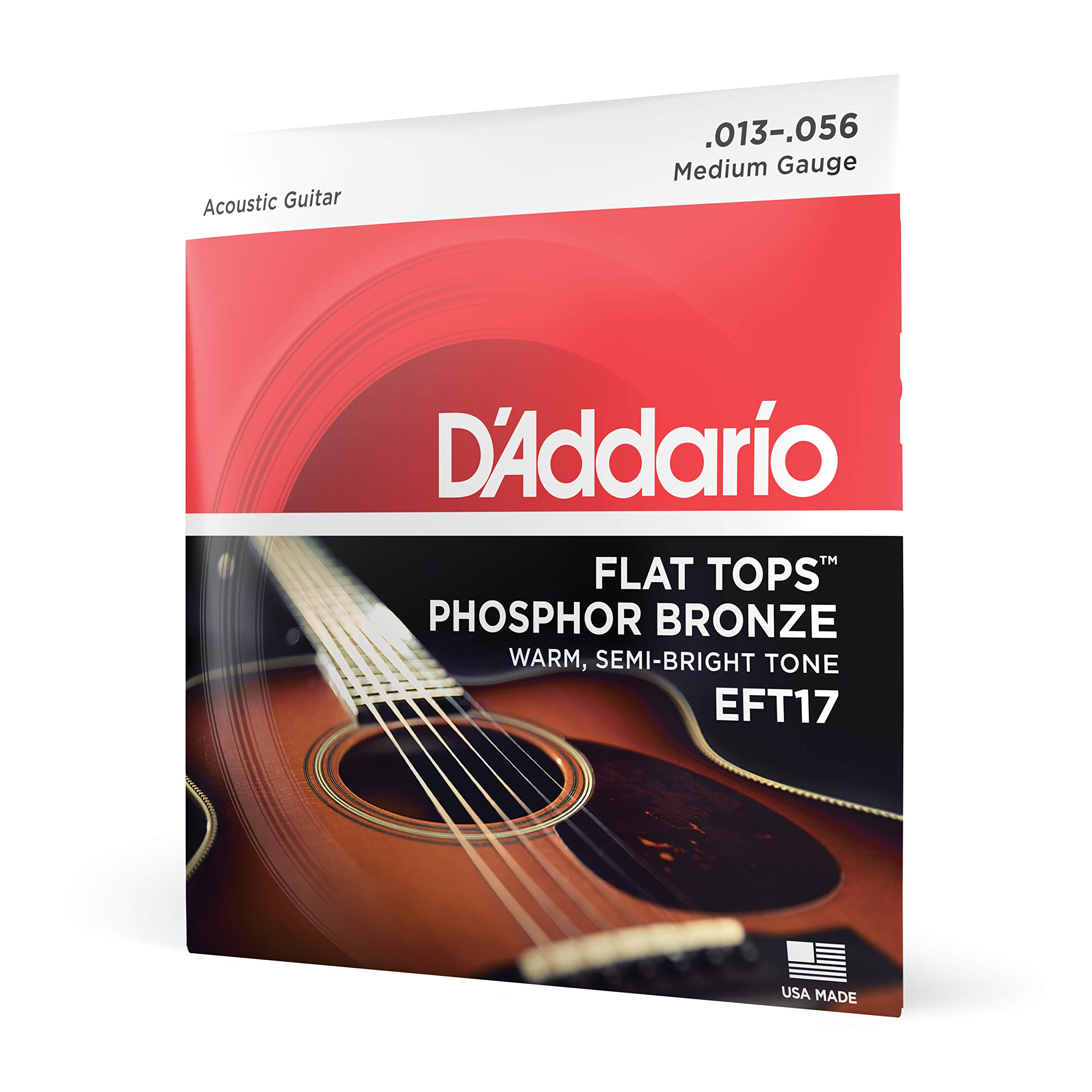 D'Addario Guitar Strings - Acoustic Guitar Strings - Flat Tops Phosphor Bronze - For 6 String Guitar - Warm, Semi-Bright Tone - EFT17 - Medium, 13-56