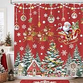 hometrixx Christmas Tree Shower Curtain Santa Claus Bell House 72x72Inch