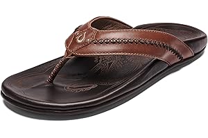 OLUKAI Mea Ola Men's Leather Beach Sandals, Soft & Durable Flip Flops, Arch Support & Comfort Fit, Enhanced Grip & Traction