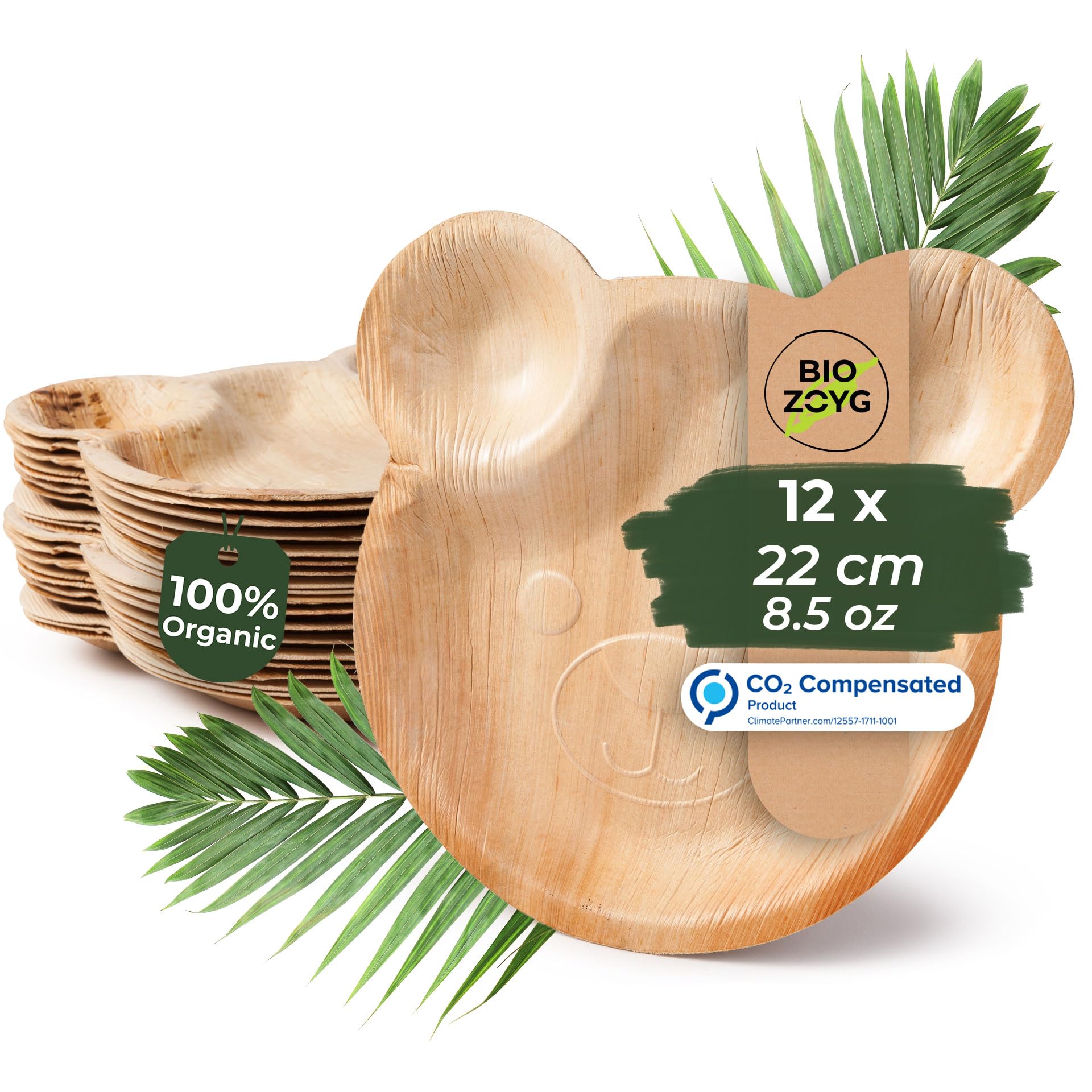 BIOZOYG Palmware Kids Birthday Party Plates in Cute Bear Design I 12 Pieces Palm Leaf Disposable Plates 22x24 cm I Disposable Plates Sturdy Tableware 100% Organic & Fully Compostable