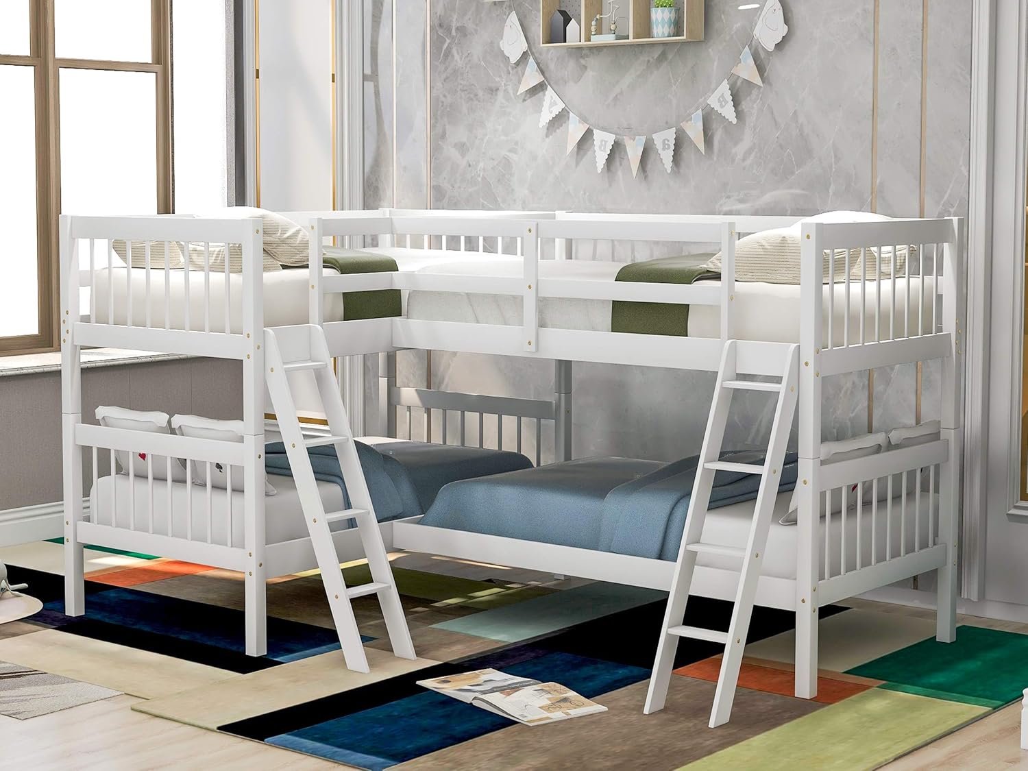 LShaped Twin Size Bunk Bed and Loft Bed, Solid Wood Twin Bunk Bed Loft Bed with